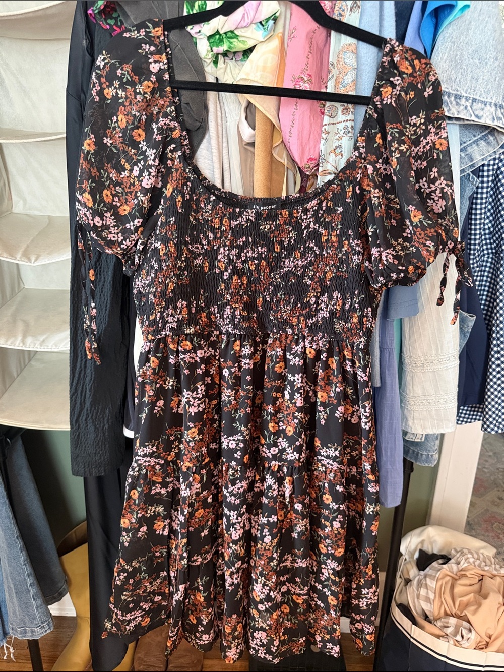 Blu Pepper Black Floral Smocked Midi Dress with Pink and Rust Accents - Size L
